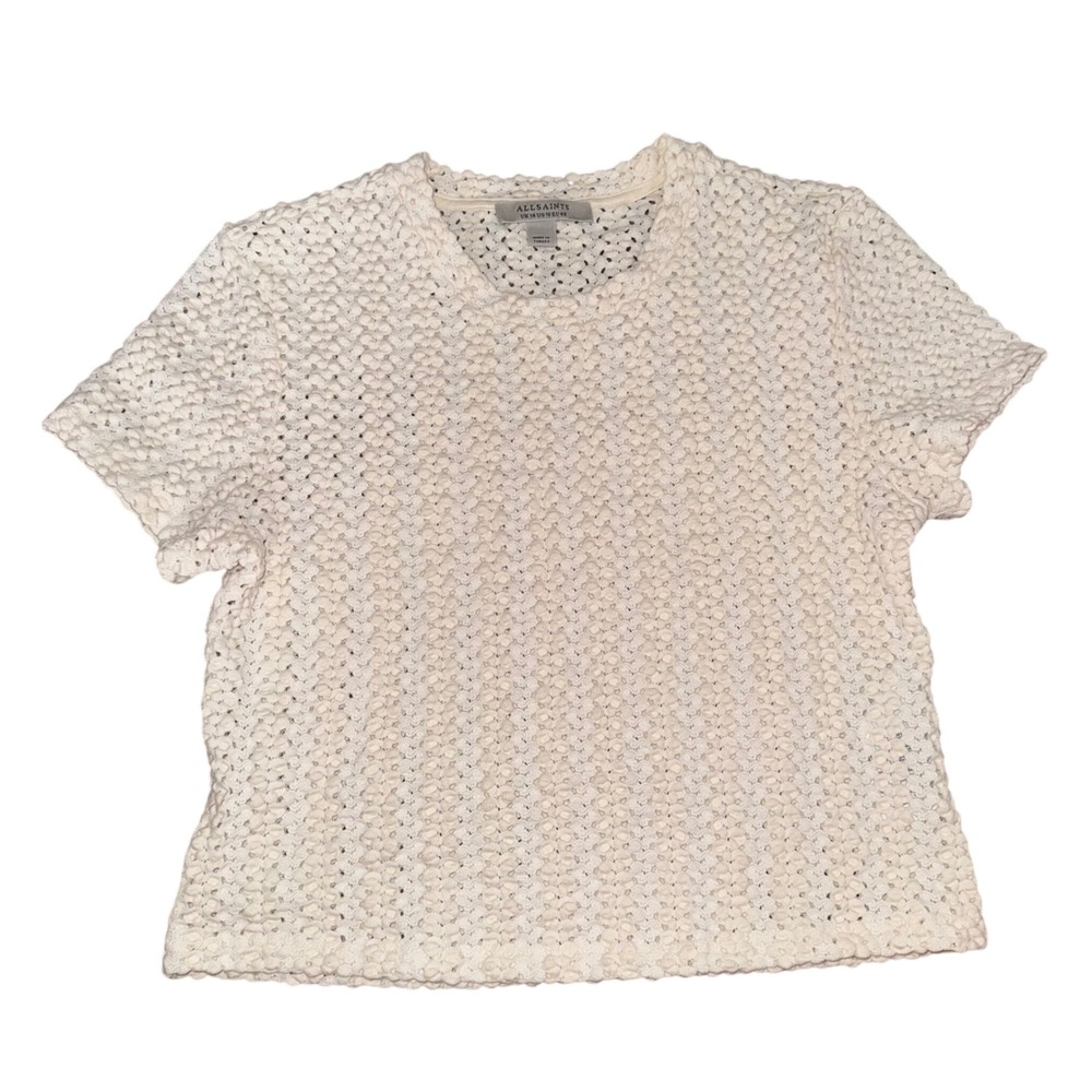 AllSaints Crochet Knit Top Womens 10 Cream Excellent Short Sleeve Textured